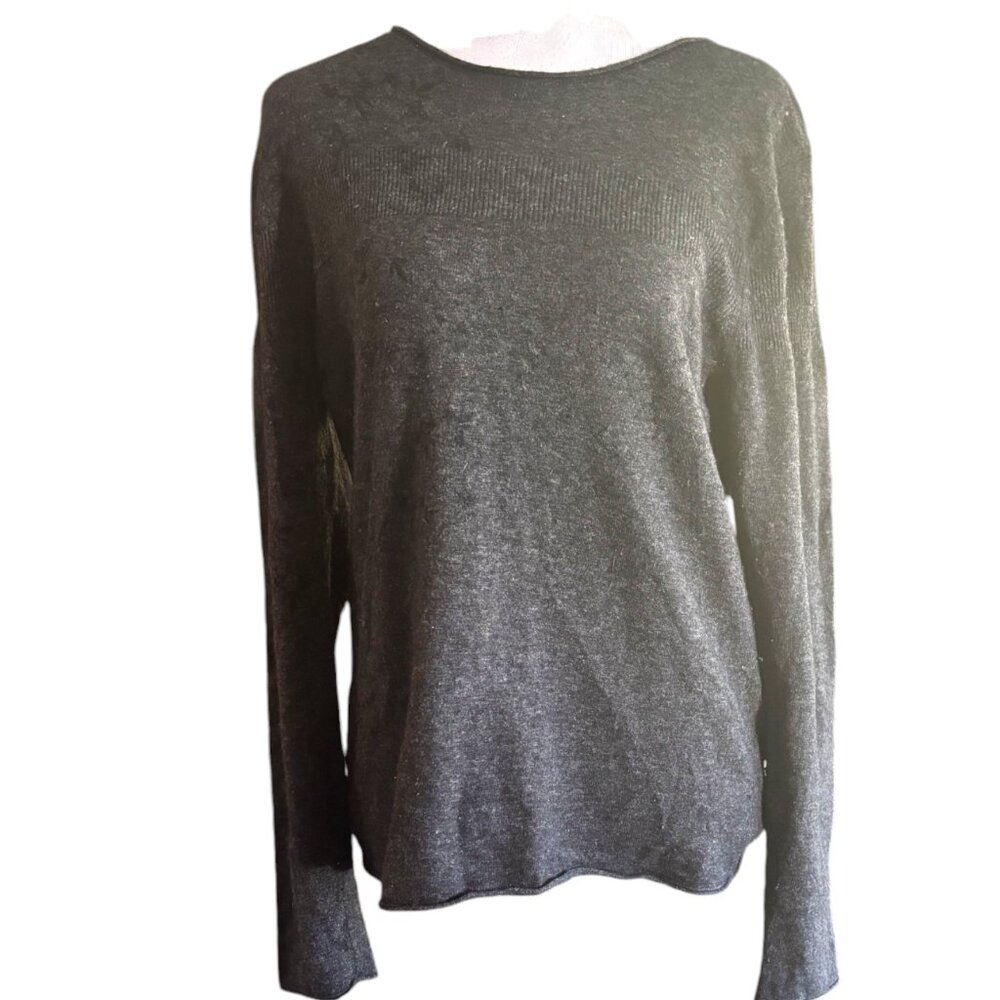 HORNY TOAD Women's LambswoolAngora/Cashmere (L) Crewneck Sweater leaf design